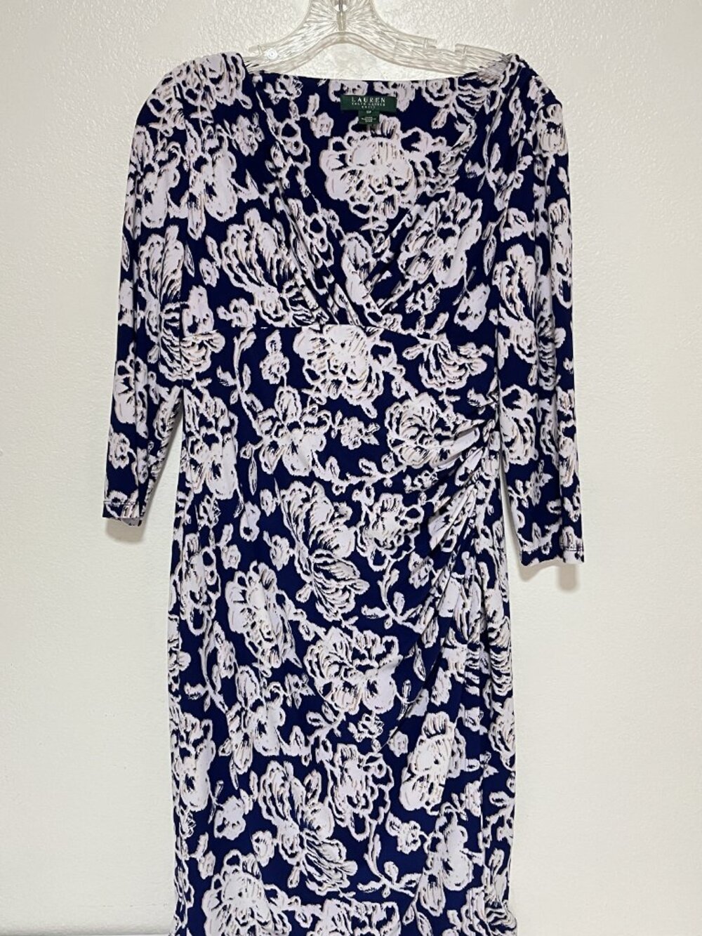 RALPH LAUREN Women's Floral Black/White 3/4 Sleeve Wrap Dress Size 10P/Preowned